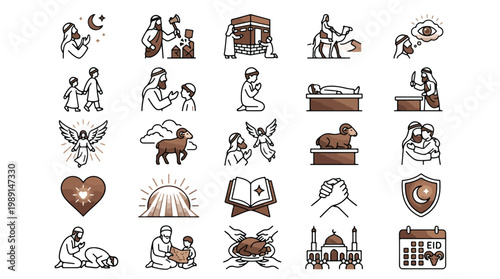 Eid al-Adha and Hajj Islamic Icon Set in Flat Line Style. A collection of Religious Linear Icons, including Eid al-Adha, Kaaba, sacrifice, ram, mosque, prayer, Quran, Abraham, sheep