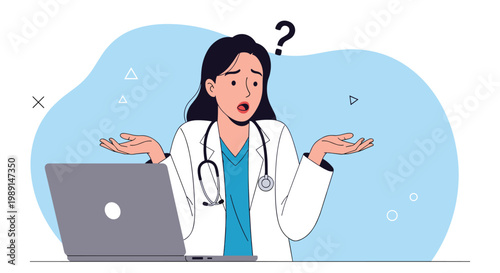 Confused female healthcare professional at her laptop computer shrugging her shoulders with a large black question mark.