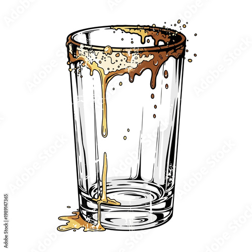 Empty glass with spilled brown liquid and bubbles, illustration