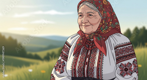 Elderly Ukrainian woman in traditional embroidered clothing and headscarf smiling in a sunny rural landscape cultural heritage illustration