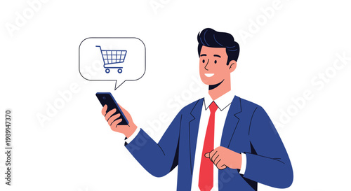 Smiling businessman in a suit using a mobile phone with a digital shopping cart icon appearing in a white speech bubble.