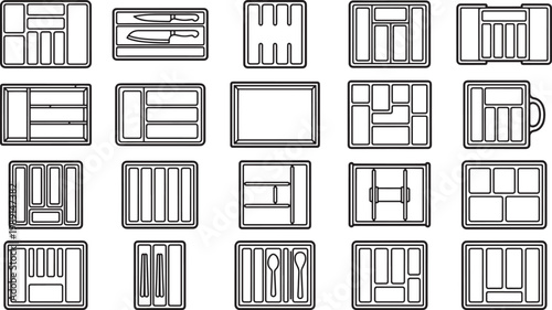 A collection of various kitchen drawer organizers, with a minimalist perspective. The design in high resolution for different organizational needs.