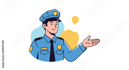 Young male police officer in a blue uniform and cap gesturing with his hand to indicate direction or welcome someone.