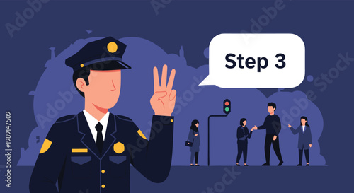 Police officer in uniform holding up three fingers to represent step three of a process with a city street background.