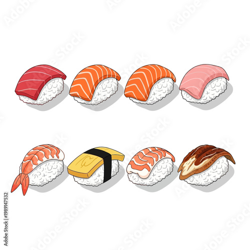 Hand Drawn Assorted Japanese Nigiri Sushi Illustration Set