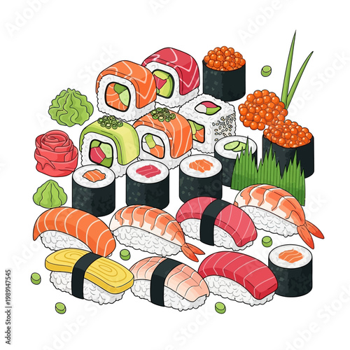 Japanese sushi set with nigiri maki and uramaki illustration