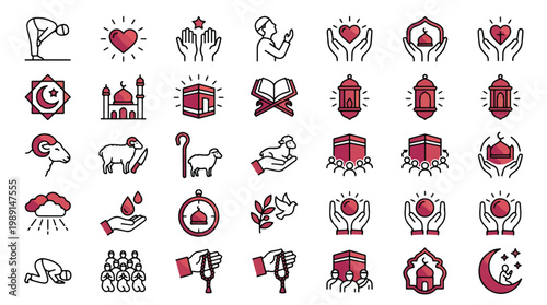 Eid al-Adha and Hajj pilgrimage icon set in line style. A collection of religion linear icons including Kaaba, ram, sheep, sacrifice, prayer, mosque, Quran, lantern, tasbih