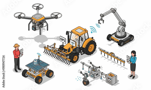 Isometric Smart Farming Technology with Drones, Tractors, and Robots.