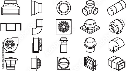 A comprehensive diagram showcases an assortment of air duct components, illustrating the vital infrastructure for ventilation and airflow in a clean, crisp, and technical style.
