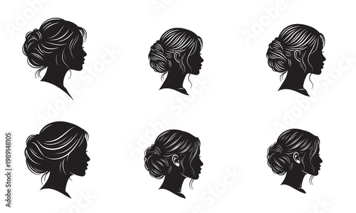 Collection of six elegant silhouette profiles of women with various updos.