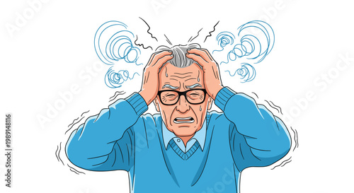 Suffering senior man holding his head in pain with dizzy spiral lines and sweat drops suggesting a severe headache or flu.