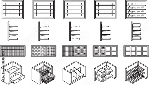 An array of architectural shelving units, designed with minimalist lines, offering both functionality and aesthetic appeal. The diverse designs showcase storage solutions suitable for various spaces.