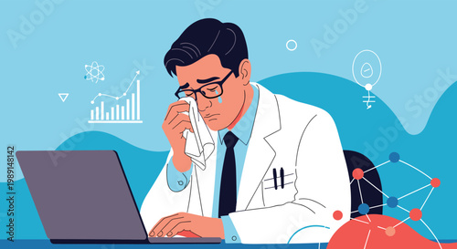 Sad doctor crying at his laptop computer with scientific molecular structures and growth charts in the blue background.
