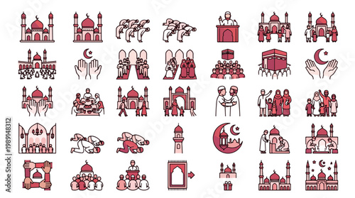 Eid al-Adha Icon Set in linear style. A collection of Muslim religious linear icons, including mosque, prayer, Kaaba, Hajj, family, Ramadan, worship, community, crescent