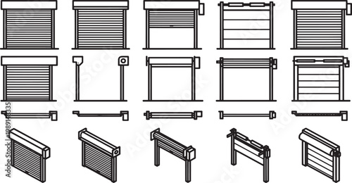 Various illustrations of metal shutters showcasing designs, mechanisms, and functionality, ideal for architectural or industrial presentations.