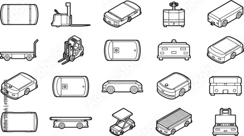 A collection of meticulously rendered illustrations of a range of transport vehicles. showcasing the variety of industrial equipment.