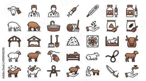 Eid al-Adha sheep farming icon set in flat linear style. A collection of livestock icons, including sacrifice, qurbani, ram, goat, bull, veterinary, barn, feed, medicine, and more. Vector.