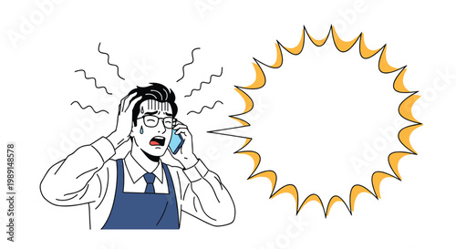 Distressed male shopkeeper wearing an apron talking on a mobile phone with a large empty speech bubble.