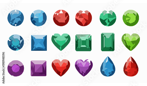 Colorful gemstone and diamond vector set with faceted shapes in round oval heart and square cuts for luxury jewelry design elements