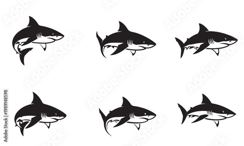 Set of six stylized black and white shark icons on a white background.