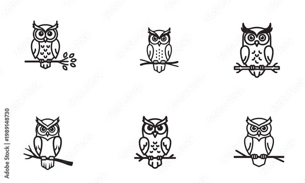 Fototapeta premium Collection of six stylized owl icons perched on branches, black and white vector.