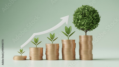 Coins with growing plants and upward arrow graph