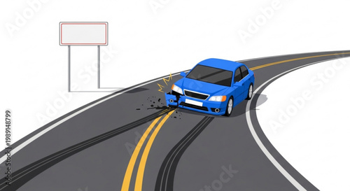 Blue car accident on a winding road showing skid marks and debris concept for traffic safety and insurance claims isolated on white