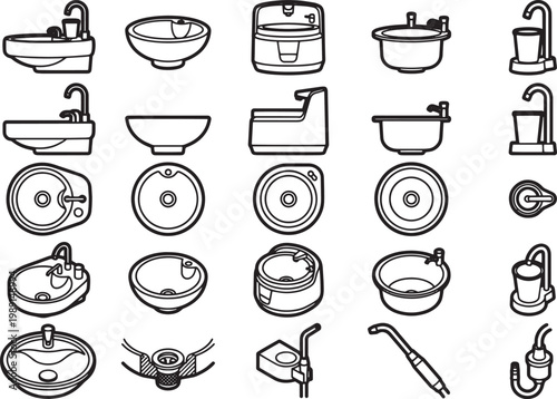 An array of distinct, monochromatic bathroom fixtures, from sinks to tubs, are elegantly presented, their streamlined forms highlighting the simplicity and essentiality of home interior design.