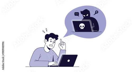 Concerned man using a laptop computer while a thought bubble shows a cyber criminal or hacker threat.