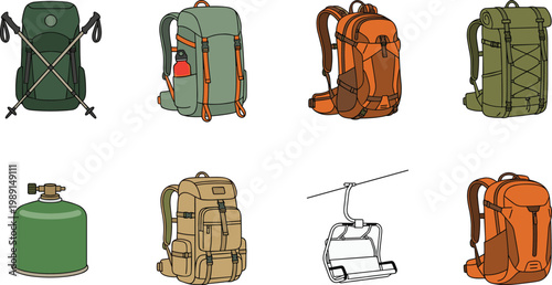 Camping Backpack and Outdoor Equipment Vector Set with Hiking Bags, Gas Canister, and Chair Lift for Adventure Travel, Trekking, and Nature Exploration Design