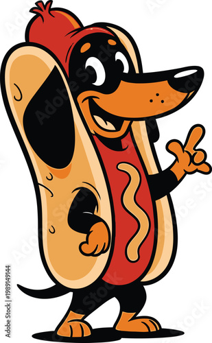 Dachshund dog in hot dog costume, playful, cartoon, vector illustration, for food advertising