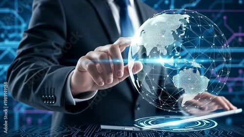 Businessman Interacting with Global Digital Interface.