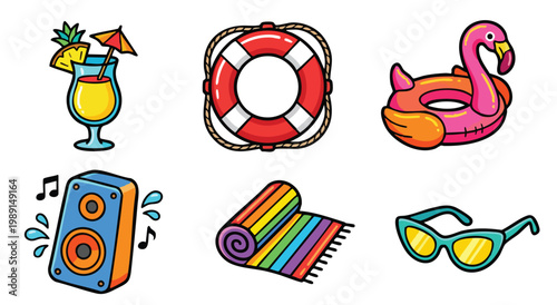 Colorful Summer Icons Set with Beach and Vacation Elements