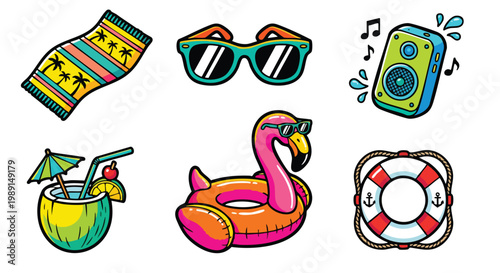 Colorful summer icons set with sunglasses, float, and cocktail