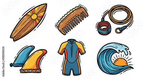 Colorful cartoon surf gear icons with wave and sunset elements