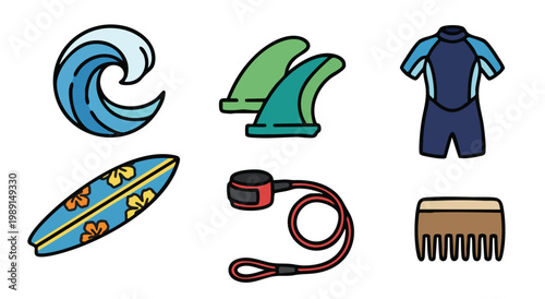 Colorful Surfing Equipment Icons Set on White Background