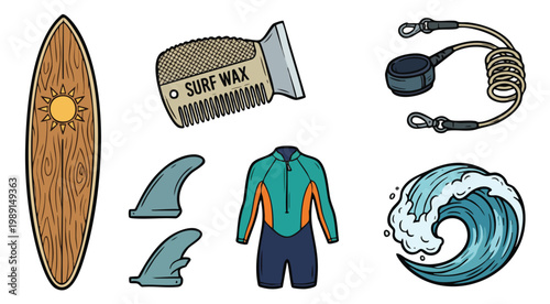 Collection of Surfing Equipment and Wave Illustration in Vector Style