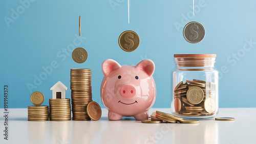Piggy bank with coins and jar on white table saving money