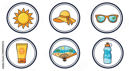 Summer icons set with sun hat, sunglasses, and sunscreen
