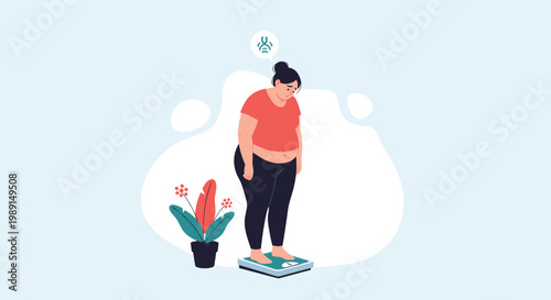 Overweight woman standing on a bathroom scale looking sad while a thought bubble shows a DNA symbol.