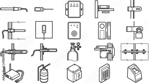 Engineering illustrations of intricate technical components, showcasing a monochromatic array of tools and instruments, each with its purpose and designed to fulfill specific functions.