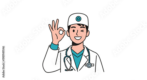 Friendly male doctor wearing a stethoscope and medical cap making an okay hand sign and winking.