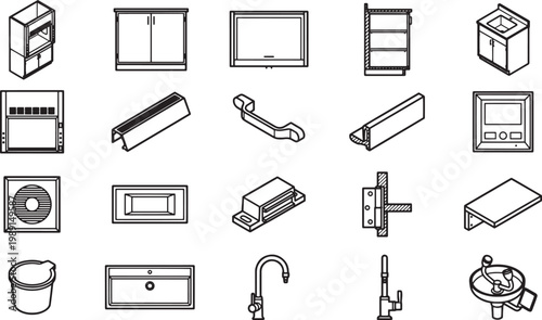 Illustration of various cabinet elements and fixtures, rendered in detailed line art, perfect for architectural or interior design use.