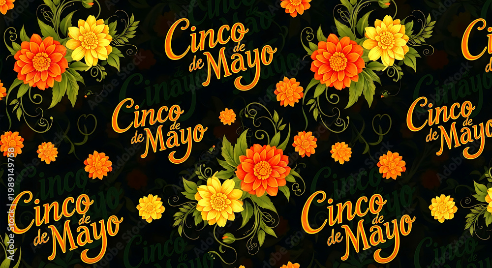 Cinco de Mayo festive seamless pattern with orange and yellow flowers on a dark background