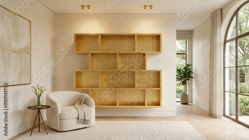 Empty bookshelf with gold leaf finish in a minimalist luxury room