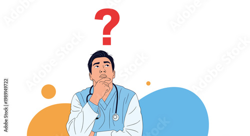 Male nurse or doctor in blue scrubs looking up at a large red question mark with a confused expression.