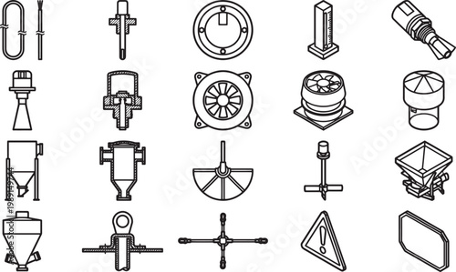 Assortment of Industrial Components, showcasing an array of industrial components with precision line art, focusing on technical precision.
