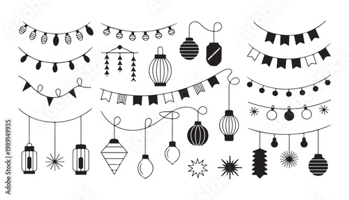 Diverse festive decorations featuring hanging lights and ornaments for holiday ambiance