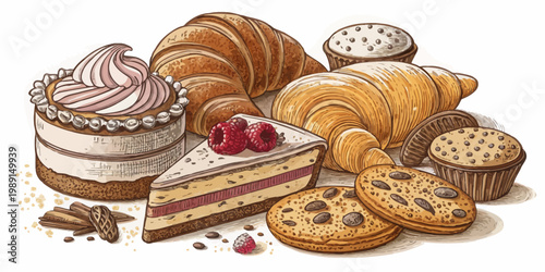 A colorful illustration of various baked goods, including cakes, croissants, and cookies.