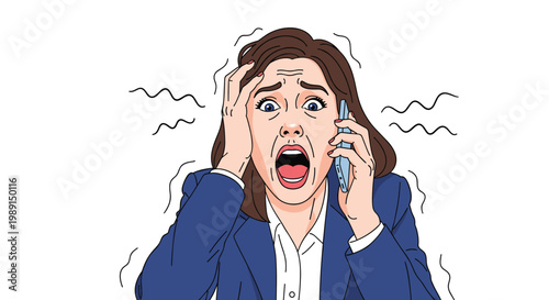 Professional woman in a blue suit talking on a cell phone with an extremely shocked and panicked face.